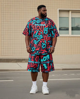 Plus Size Men's Irregular Creative Personality Graffiti English Printed T-shirt Shorts Suit